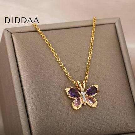 Valentine Pendant Necklace | Gold Purple Stone Butterfly Chain - Necklaces