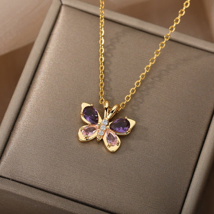 Valentine Pendant Necklace | Gold Purple Stone Butterfly Chain - Necklaces