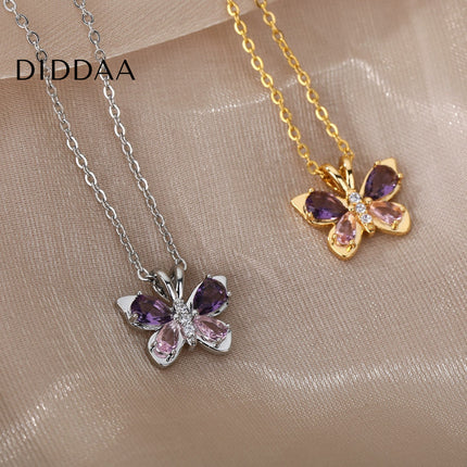 Valentine Pendant Necklace | Gold Purple Stone Butterfly Chain - Silver - Necklaces