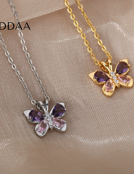 Valentine Pendant Necklace | Gold Purple Stone Butterfly Chain - Silver - Necklaces