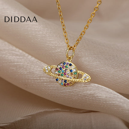 Orbital Pendant Necklace | Gold Colorful Zirconia Planet Chain - Gold - Necklaces