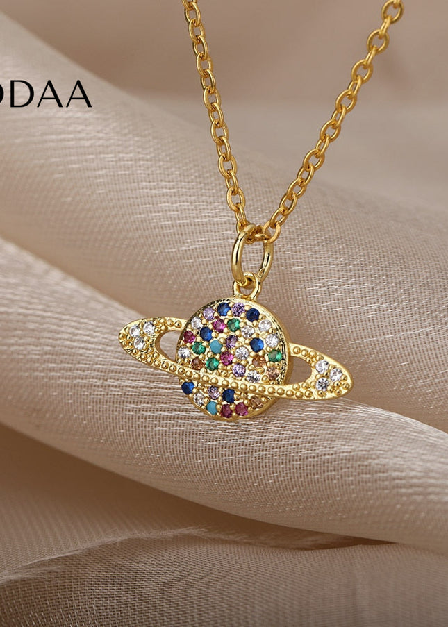 Orbital Pendant Necklace | Gold Colorful Zirconia Planet Chain - Gold - Necklaces