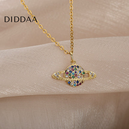 Orbital Pendant Necklace | Gold Colorful Zirconia Planet Chain - Gold - Necklaces