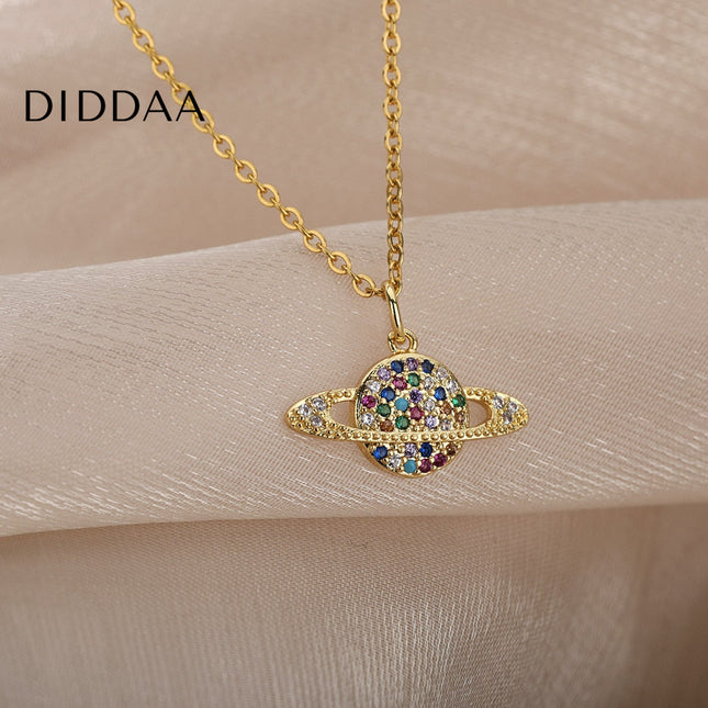 Orbital Pendant Necklace | Gold Colorful Zirconia Planet Chain - Gold - Necklaces