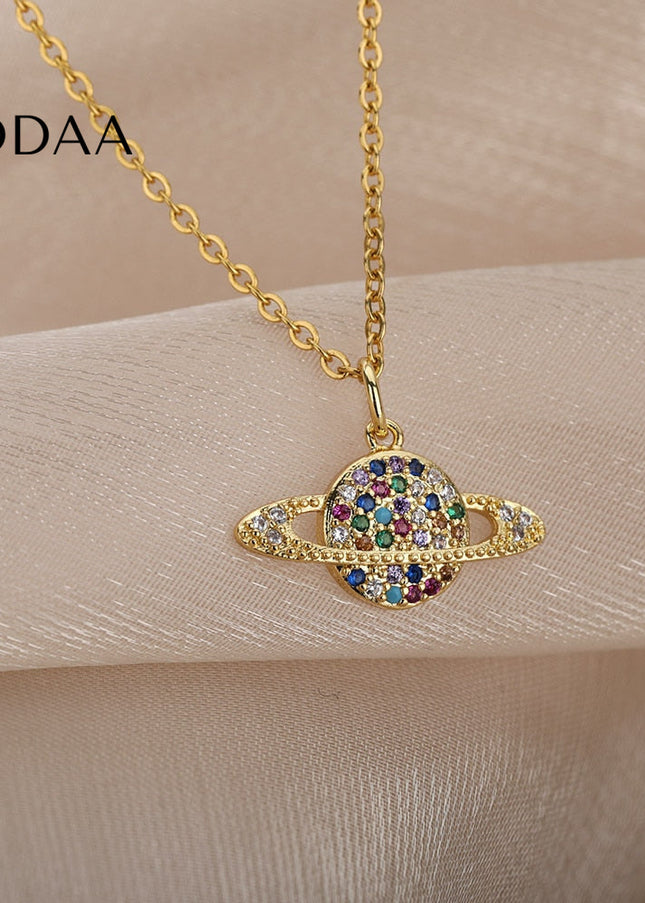 Orbital Pendant Necklace | Gold Colorful Zirconia Planet Chain - Gold - Necklaces
