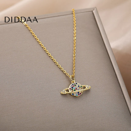 Orbital Pendant Necklace | Gold Colorful Zirconia Planet Chain - Gold - Necklaces