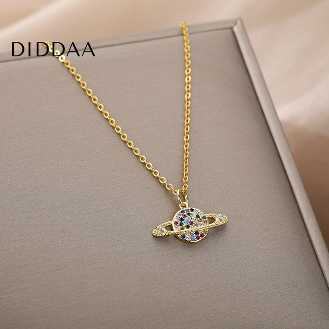Orbital Pendant Necklace | Gold Colorful Zirconia Planet Chain - Gold - Necklaces