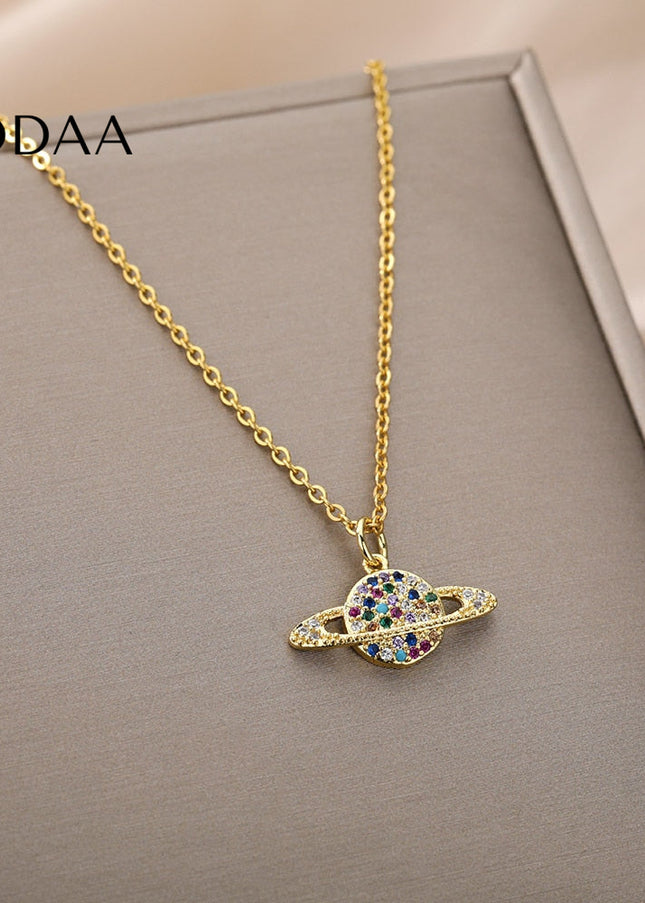 Orbital Pendant Necklace | Gold Colorful Zirconia Planet Chain - Gold - Necklaces
