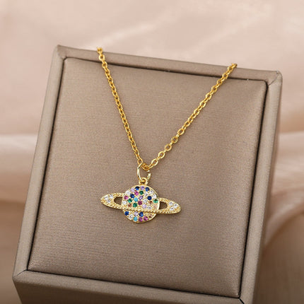 Orbital Pendant Necklace | Gold Colorful Zirconia Planet Chain - Gold - Necklaces