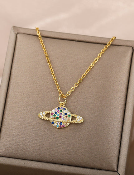 Orbital Pendant Necklace | Gold Colorful Zirconia Planet Chain - Gold - Necklaces