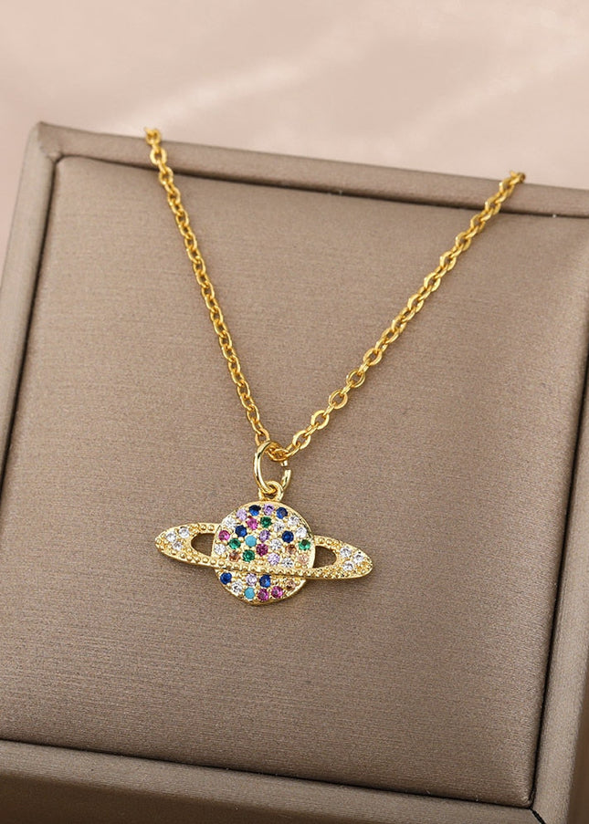 Orbital Pendant Necklace | Gold Colorful Zirconia Planet Chain - Gold - Necklaces