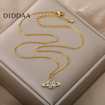 Orbital Pendant Necklace | Gold Colorful Zirconia Planet Chain - Gold - Necklaces