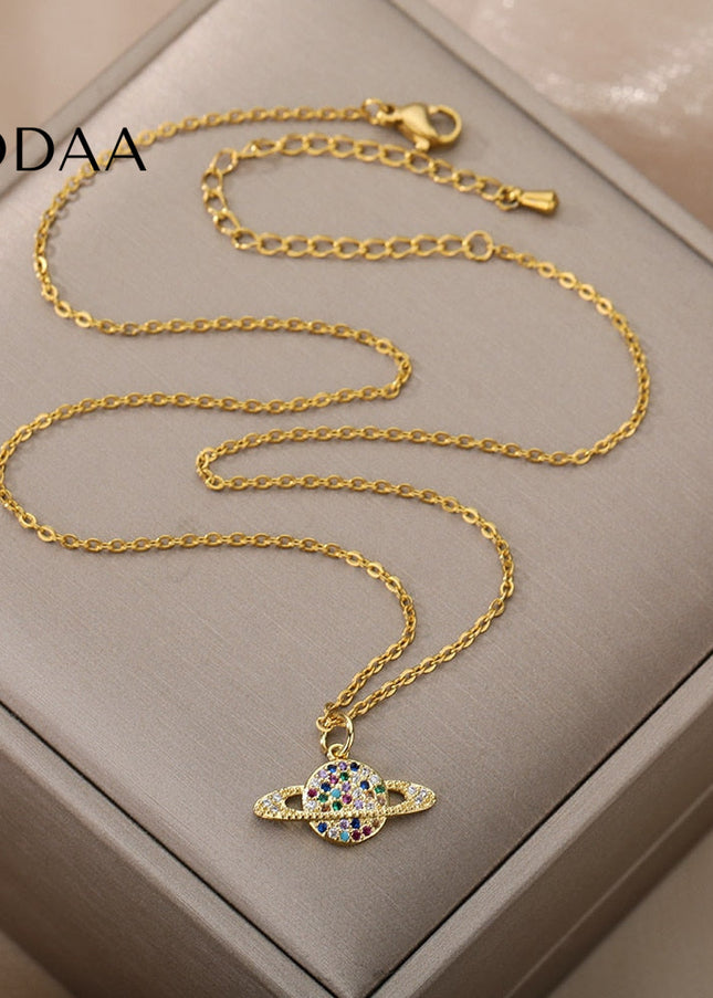 Orbital Pendant Necklace | Gold Colorful Zirconia Planet Chain - Gold - Necklaces