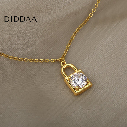 Ponsait Pendant Necklace | Gold Zirconia Lock Chain - Necklaces
