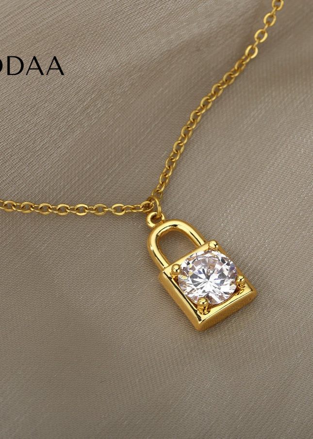 Ponsait Pendant Necklace | Gold Zirconia Lock Chain - Necklaces