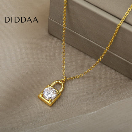 Ponsait Pendant Necklace | Gold Zirconia Lock Chain - Necklaces