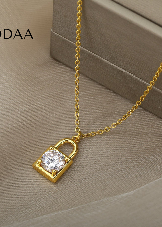 Ponsait Pendant Necklace | Gold Zirconia Lock Chain - Necklaces