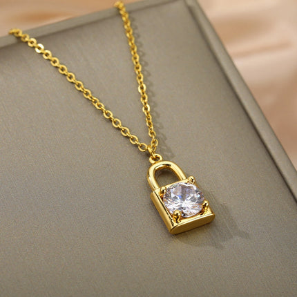 Ponsait Pendant Necklace | Gold Zirconia Lock Chain - Gold - Necklaces