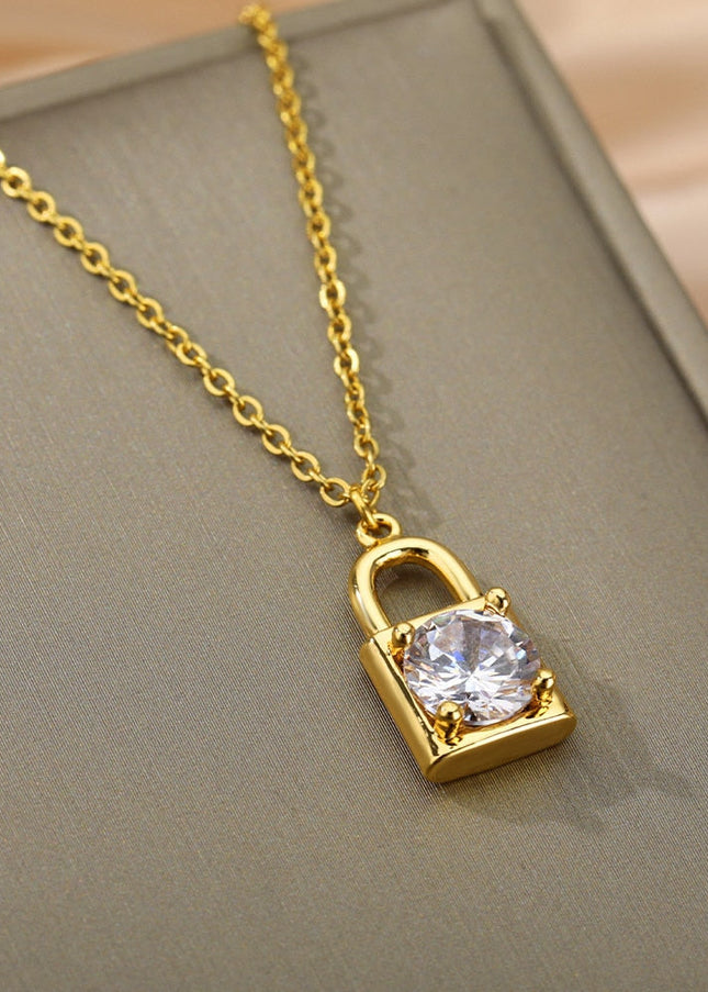 Ponsait Pendant Necklace | Gold Zirconia Lock Chain - Gold - Necklaces
