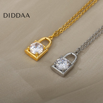 Ponsait Pendant Necklace | Gold Zirconia Lock Chain - Silver - Necklaces