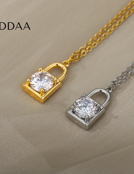 Ponsait Pendant Necklace | Gold Zirconia Lock Chain - Silver - Necklaces