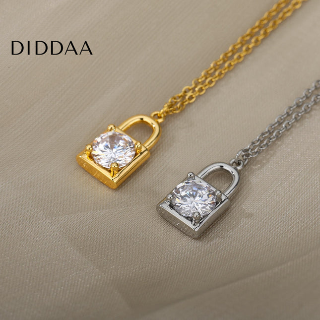 Ponsait Pendant Necklace | Gold Zirconia Lock Chain - Silver - Necklaces