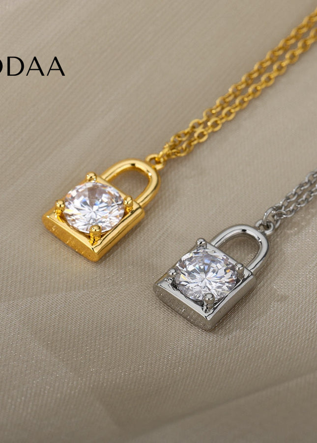 Ponsait Pendant Necklace | Gold Zirconia Lock Chain - Silver - Necklaces