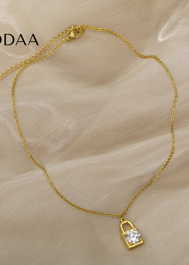 Ponsait Pendant Necklace | Gold Zirconia Lock Chain - Necklaces