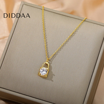 Ponsait Pendant Necklace | Gold Zirconia Lock Chain - Necklaces