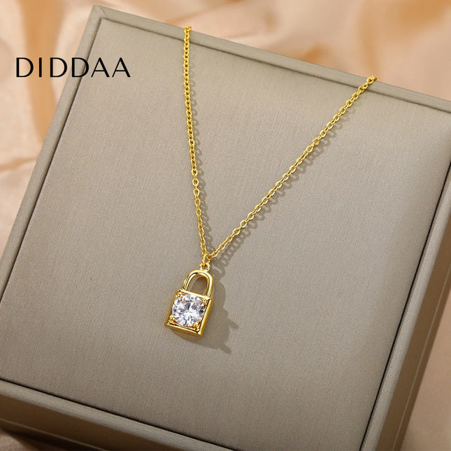 Ponsait Pendant Necklace | Gold Zirconia Lock Chain - Necklaces