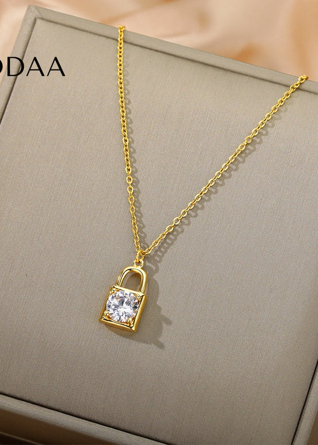 Ponsait Pendant Necklace | Gold Zirconia Lock Chain - Necklaces