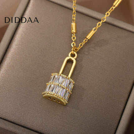 Enchante Pendant Necklace | Gold Zirconia Lock Chain - Gold - Necklaces