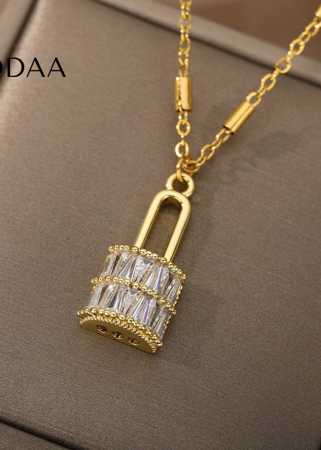 Enchante Pendant Necklace | Gold Zirconia Lock Chain - Gold - Necklaces