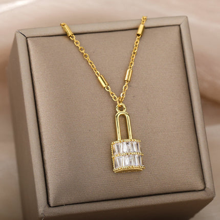 Enchante Pendant Necklace | Gold Zirconia Lock Chain - Gold - Necklaces