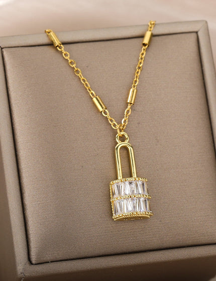 Enchante Pendant Necklace | Gold Zirconia Lock Chain - Gold - Necklaces