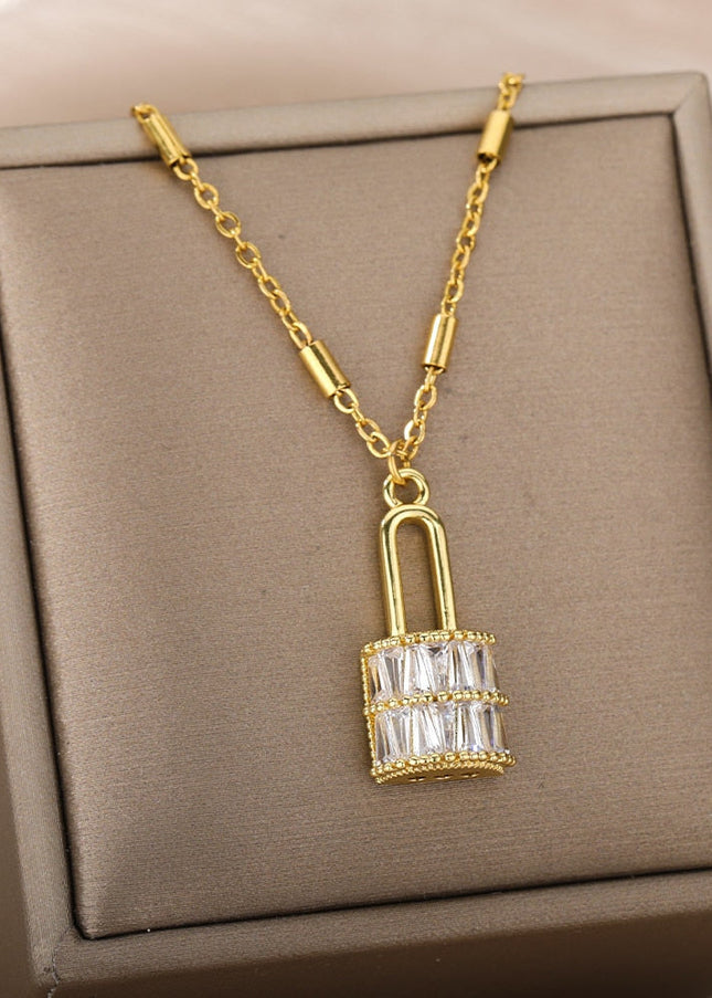 Enchante Pendant Necklace | Gold Zirconia Lock Chain - Gold - Necklaces