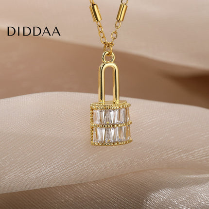 Enchante Pendant Necklace | Gold Zirconia Lock Chain - Gold - Necklaces
