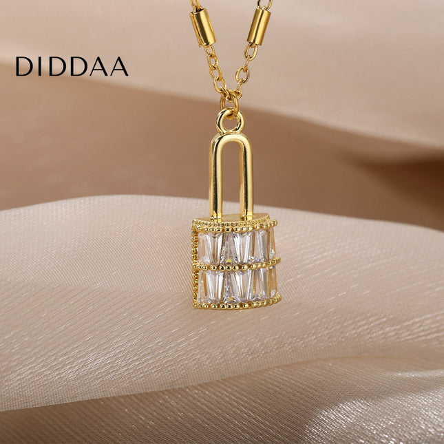 Enchante Pendant Necklace | Gold Zirconia Lock Chain - Gold - Necklaces