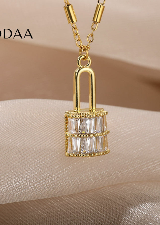 Enchante Pendant Necklace | Gold Zirconia Lock Chain - Gold - Necklaces