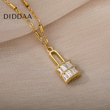 Enchante Pendant Necklace | Gold Zirconia Lock Chain - Gold - Necklaces