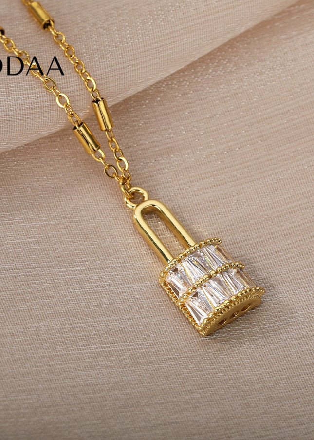 Enchante Pendant Necklace | Gold Zirconia Lock Chain - Gold - Necklaces
