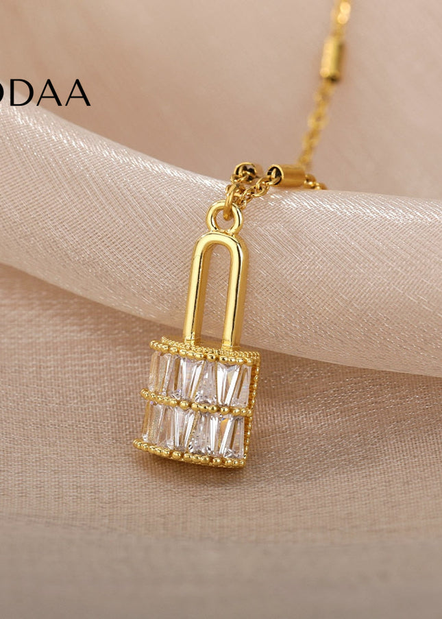 Enchante Pendant Necklace | Gold Zirconia Lock Chain - Gold - Necklaces