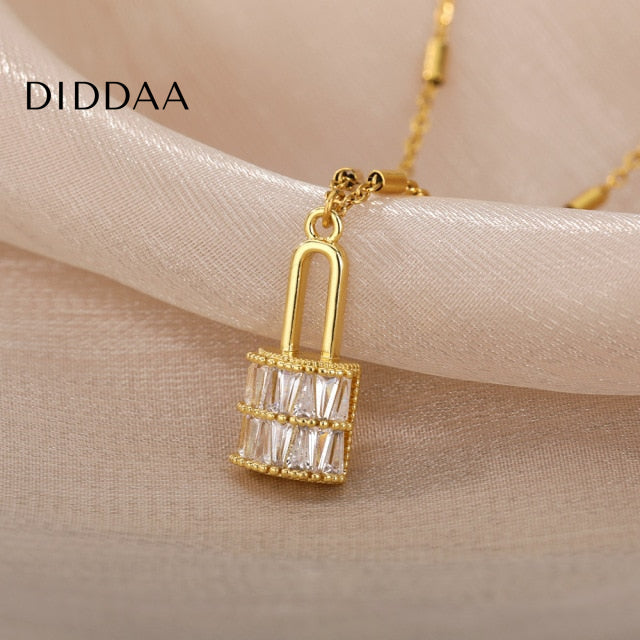 Enchante Pendant Necklace | Gold Zirconia Lock Chain - Gold - Necklaces