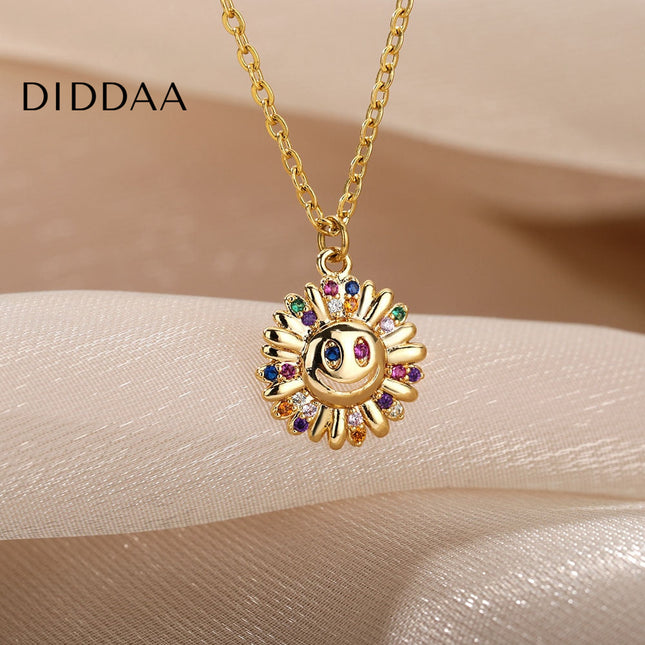 Sunset Pendant Necklace | Gold Happy Sunflower Colorful Zirconia Chain - Necklaces