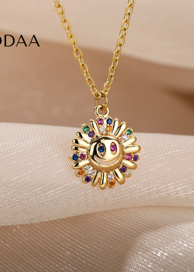Sunset Pendant Necklace | Gold Happy Sunflower Colorful Zirconia Chain - Necklaces