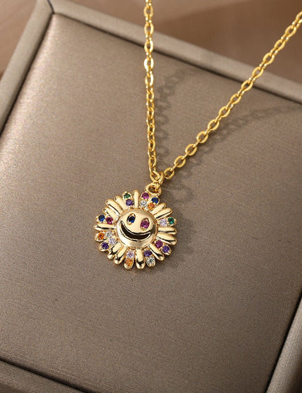 Sunset Pendant Necklace | Gold Happy Sunflower Colorful Zirconia Chain - Gold - Necklaces