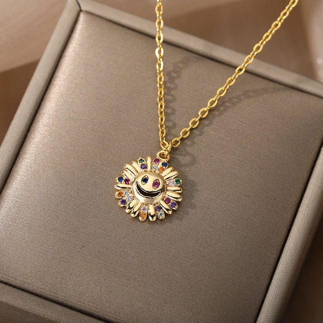 Sunset Pendant Necklace | Gold Happy Sunflower Colorful Zirconia Chain - Gold - Necklaces