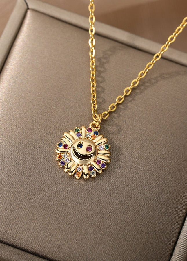 Sunset Pendant Necklace | Gold Happy Sunflower Colorful Zirconia Chain - Gold - Necklaces