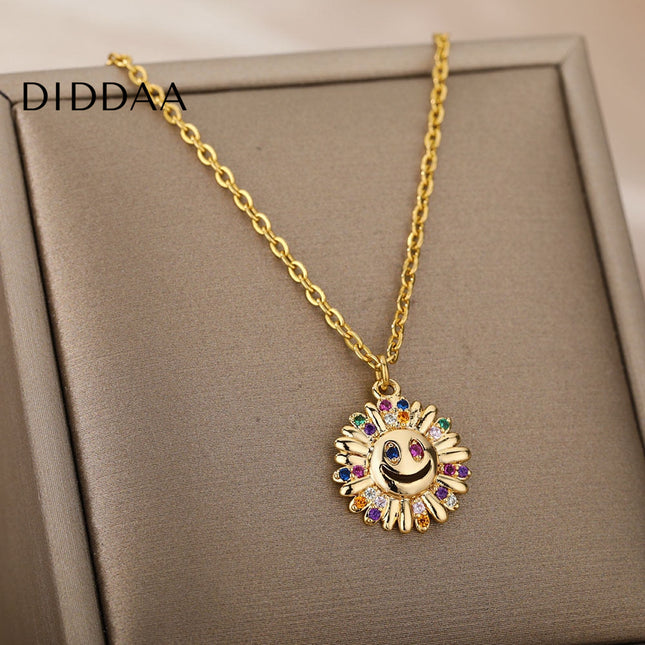 Sunset Pendant Necklace | Gold Happy Sunflower Colorful Zirconia Chain - Necklaces