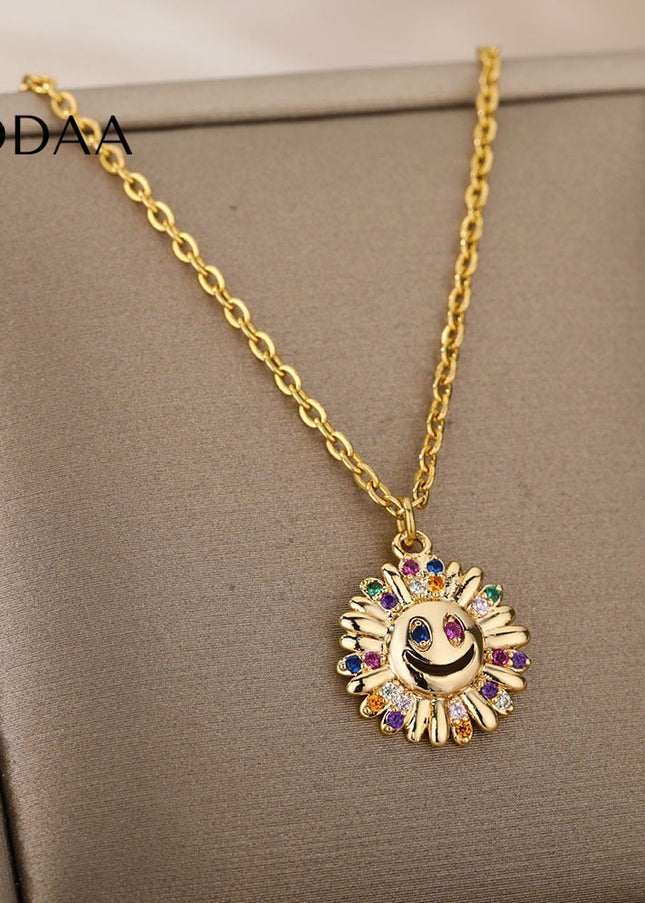 Sunset Pendant Necklace | Gold Happy Sunflower Colorful Zirconia Chain - Necklaces